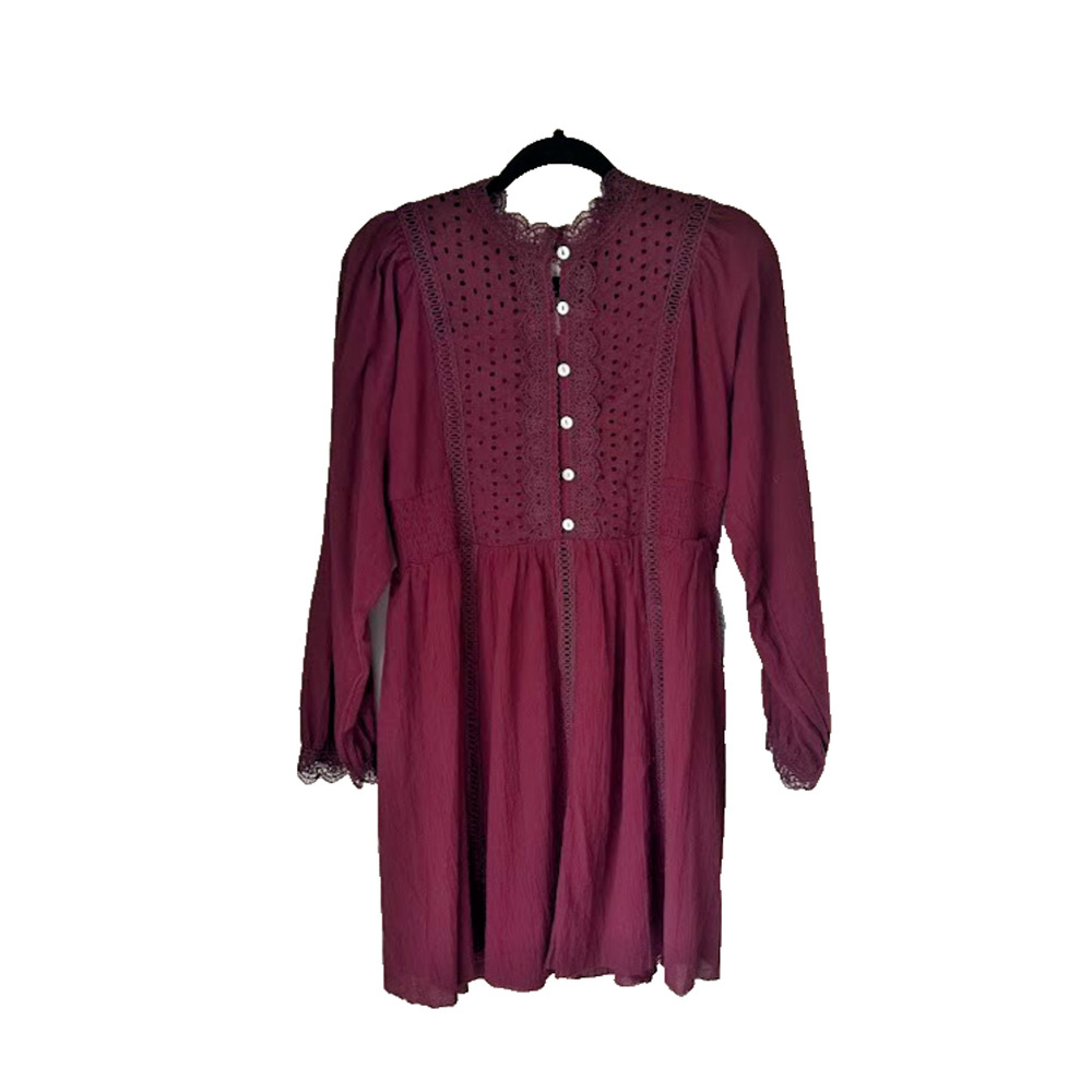 Bohme Plum Mini Dress Lace Eyelet Prairie Cottagecore Medium Long Sleeve Raw Hem